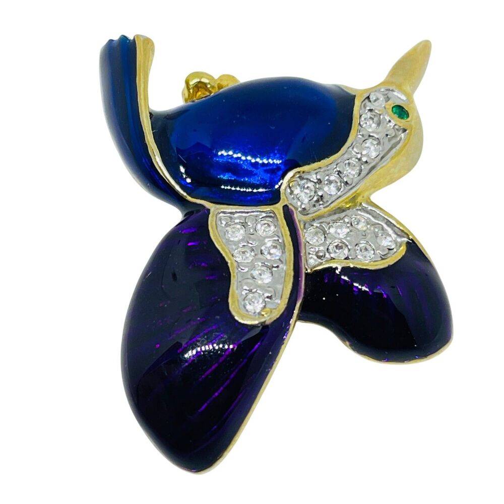 Vintage gold tone enamel rhinestones bird animal figural designer brooch - Picture 5 of 6